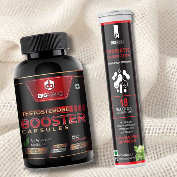 BigKnob Testosterone booster Supplement Strength Stamina Immunity 60Capsules &Probiotic Prebiotic Fiber Digestion Metabolism Immunity Skin Radiance Gut Health15 Tablets